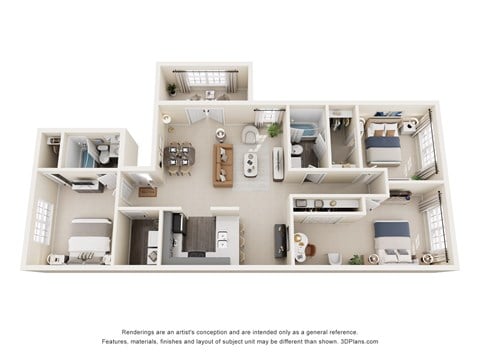 Floor plan for 3 beds, 3 baths, 1700 sqft
